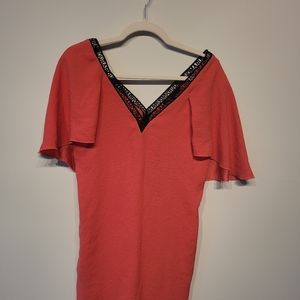 Maje Red Asymmetrical Sheath Dress with Flutter Sleeves
